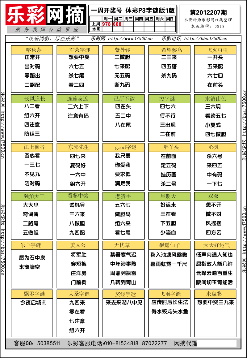 排列三第2012207期字谜总汇