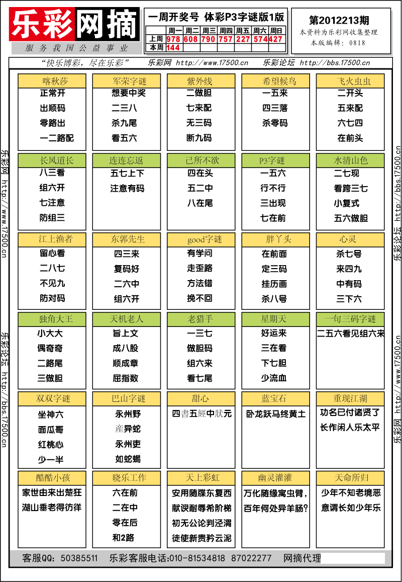 排列三第012213期字谜总汇