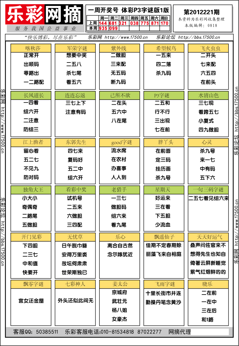 排列三第2012221期字谜总汇