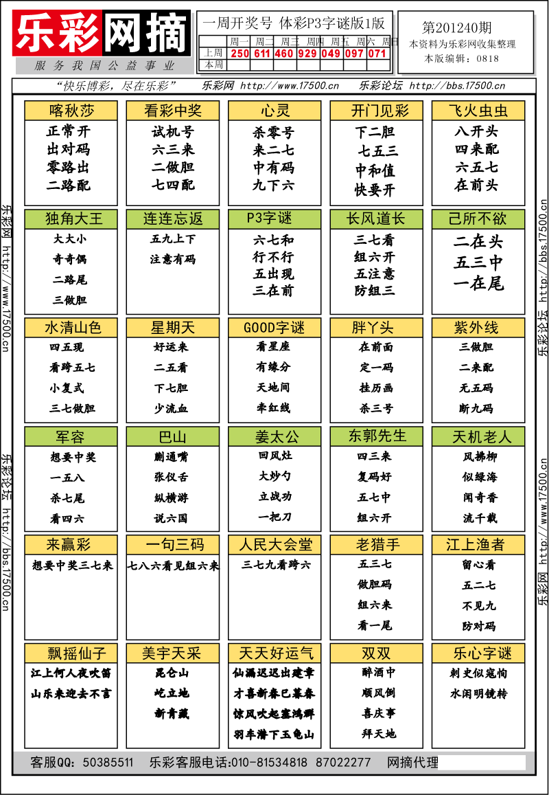 排列三第2012240期字谜总汇