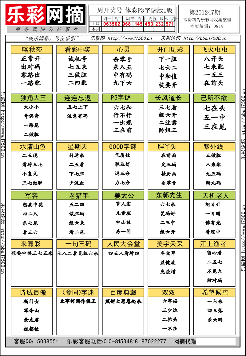 排列三第2012221期字谜总汇