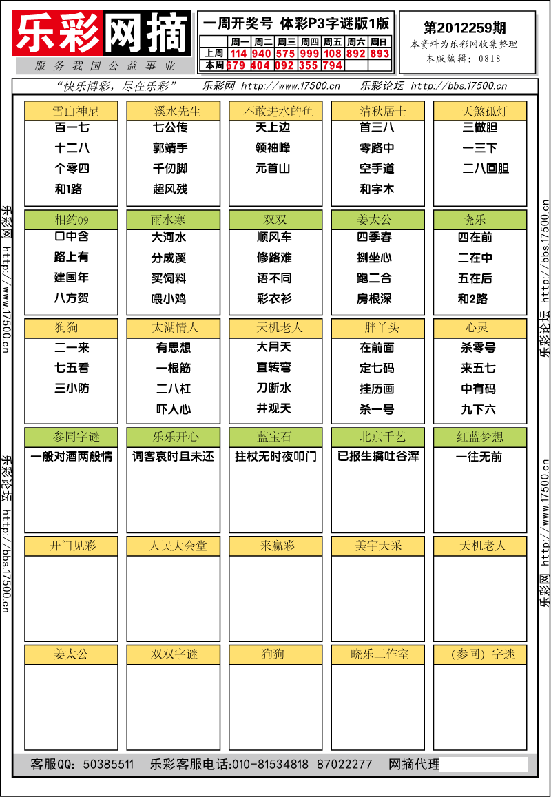 排列三第2012259期字谜总汇