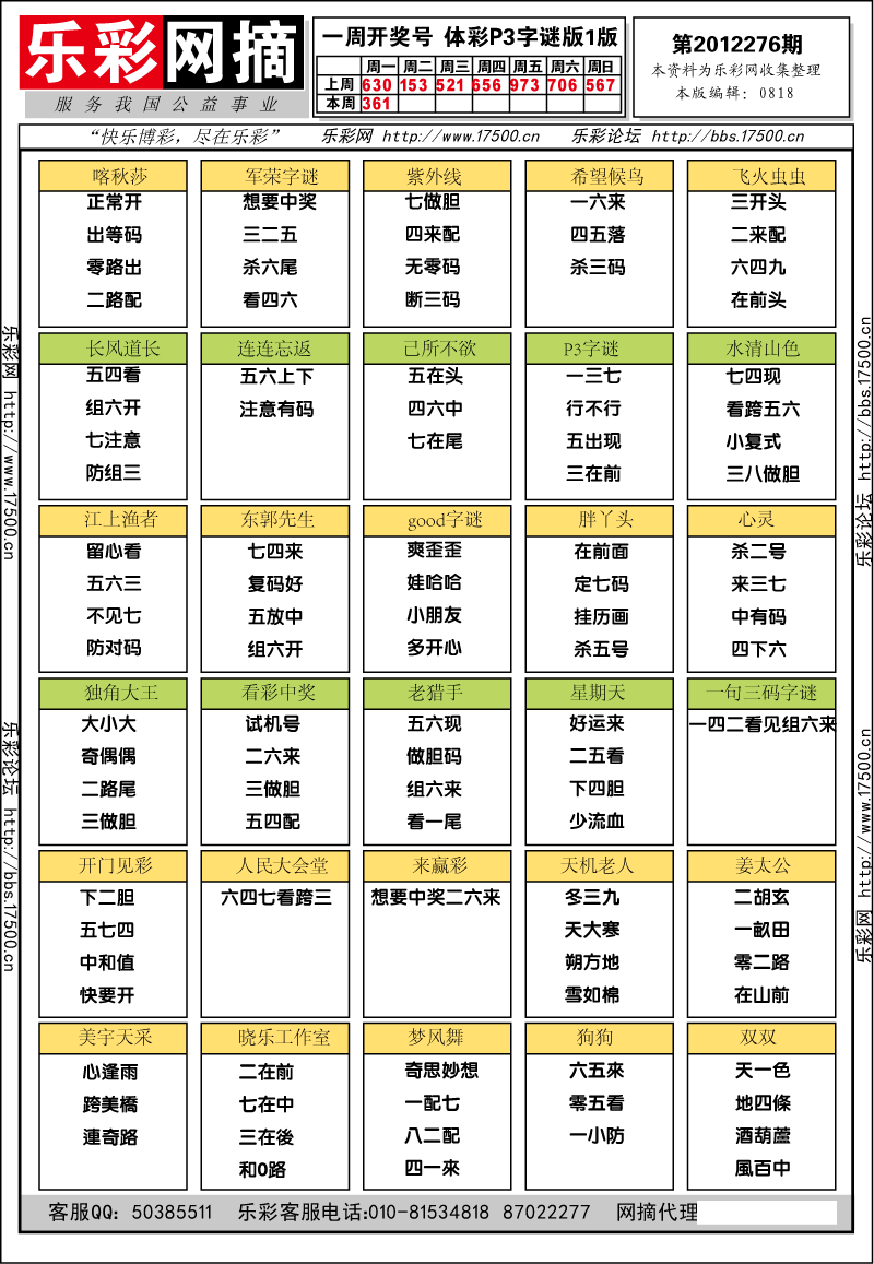 排列三第2012276期字谜总汇