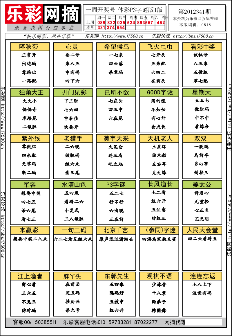 排列三第2012341期字谜总汇