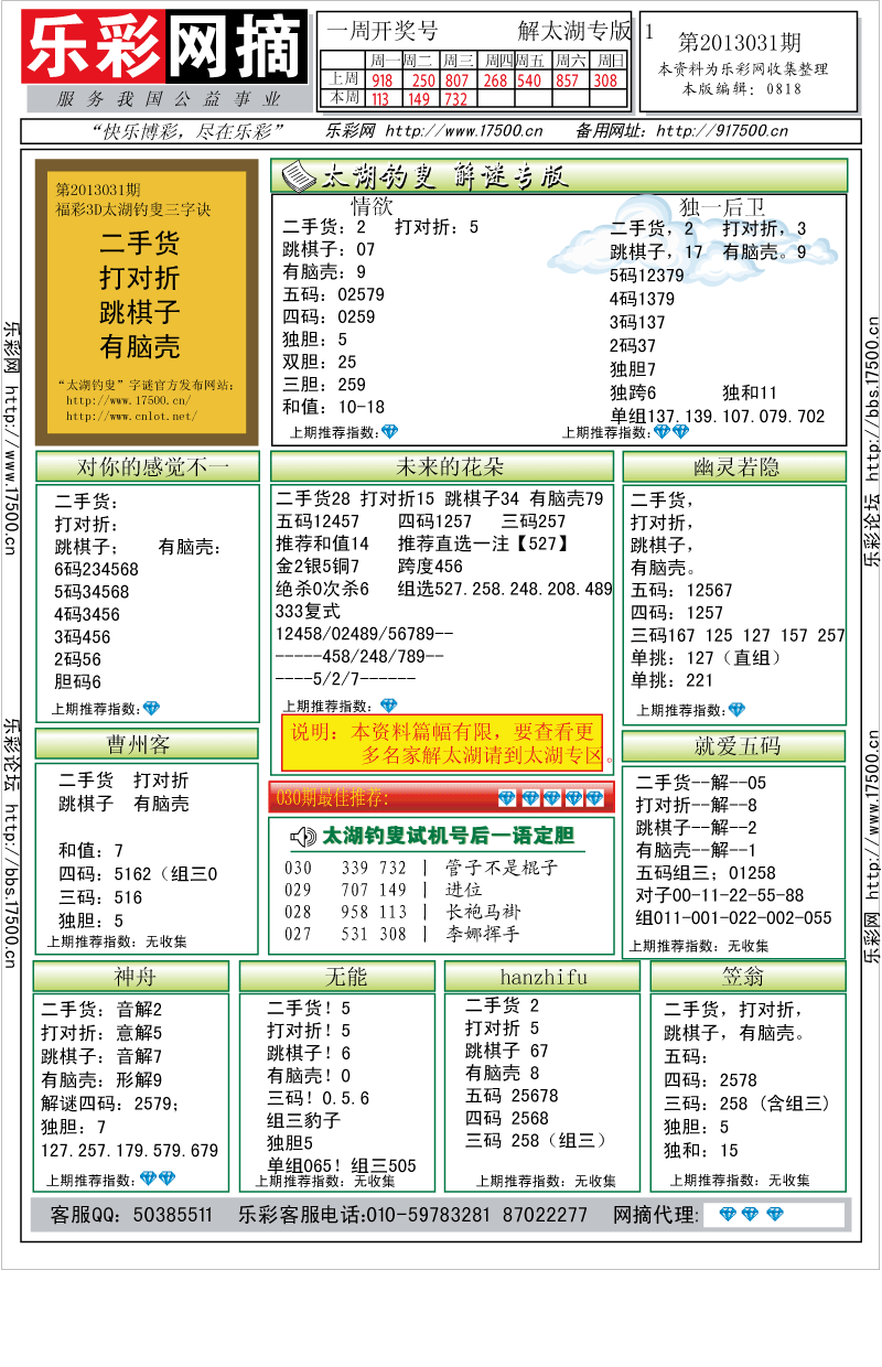 福彩3D第2013031期解太湖钓叟总汇