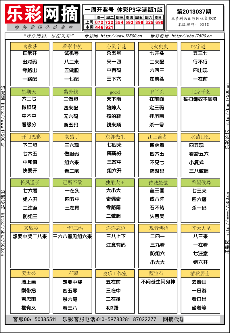 排列三第2013037期字谜总汇