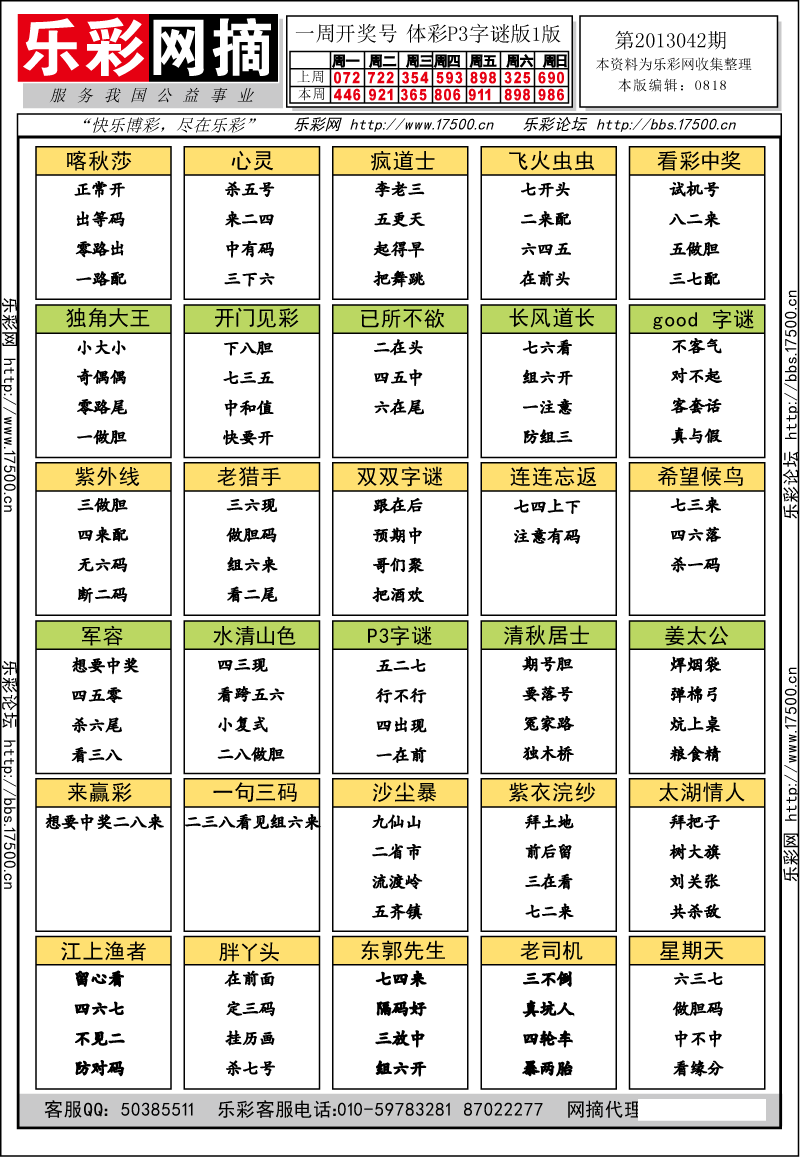 排列三第2013042期字谜总汇