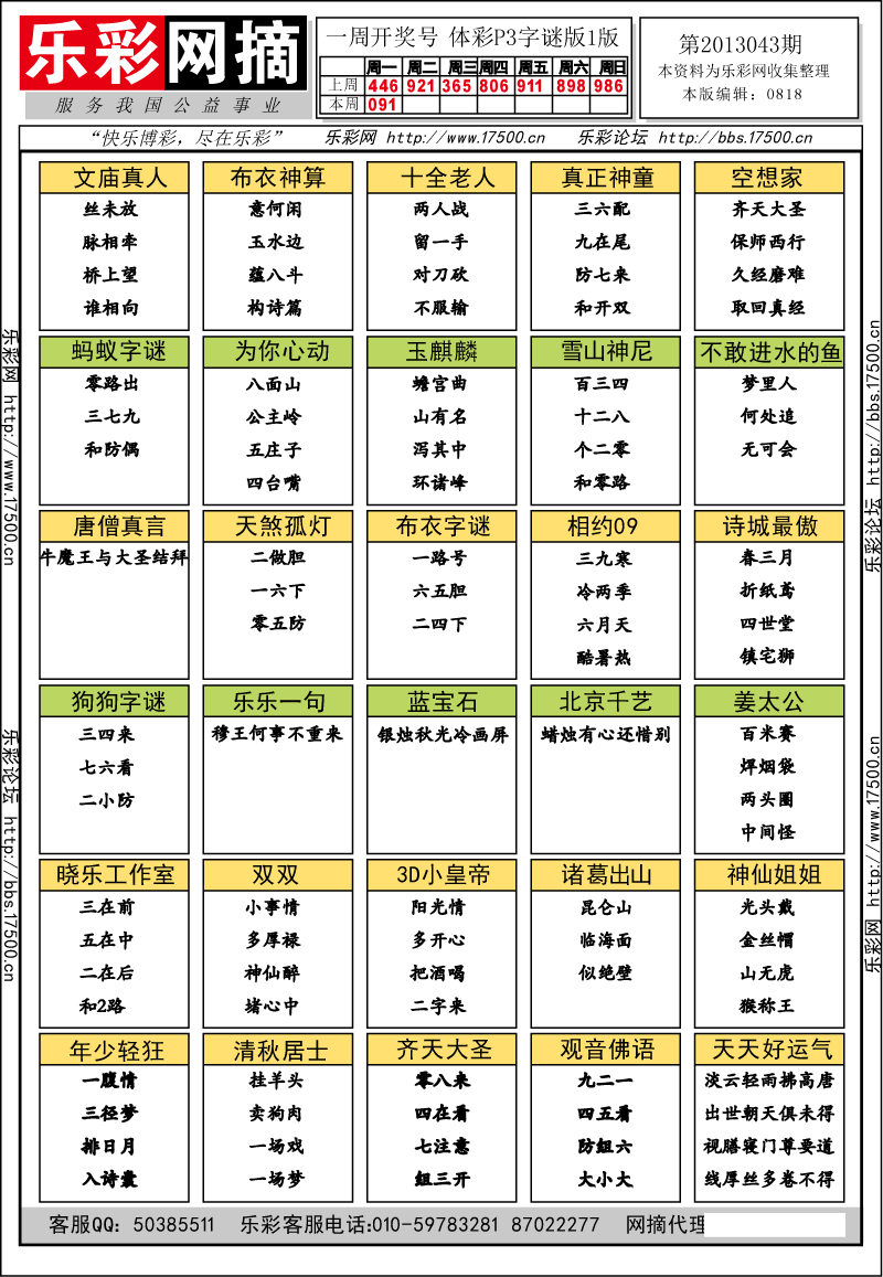 排列三第2013043期字谜总汇