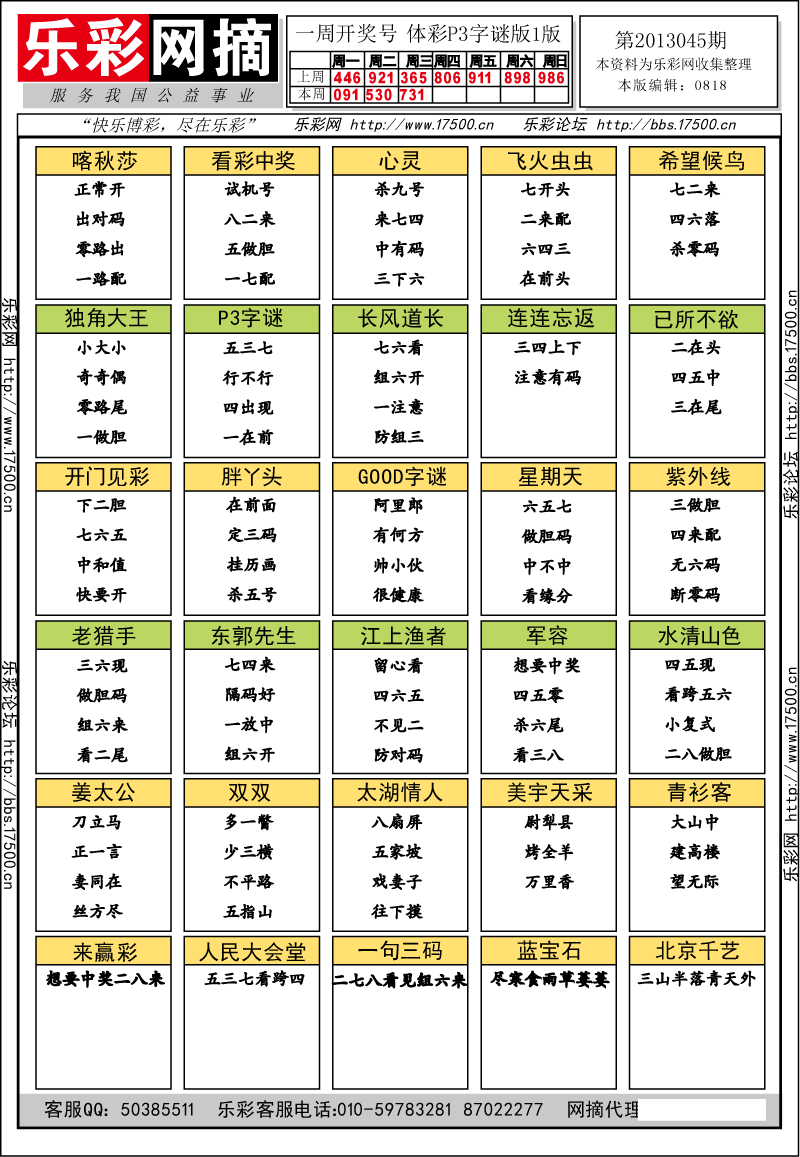 排列三第2013045期字谜总汇