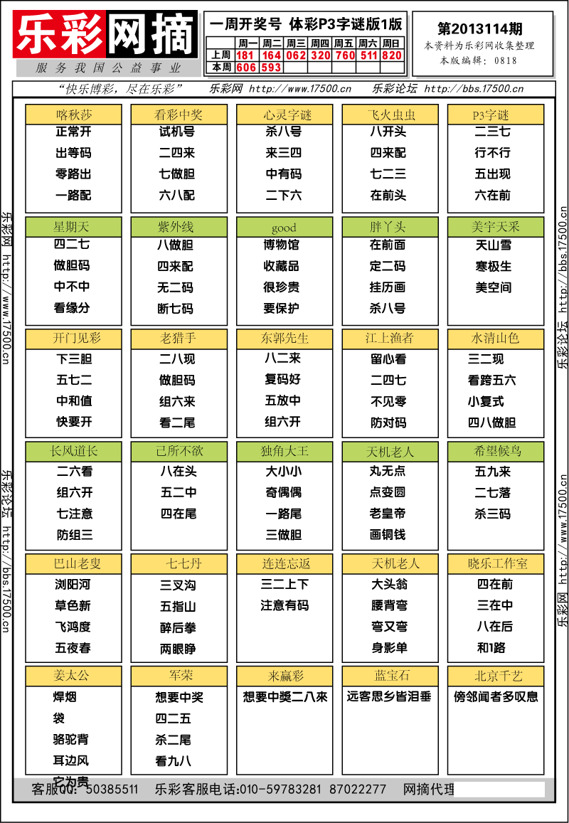 排列三第2013114期字谜总汇