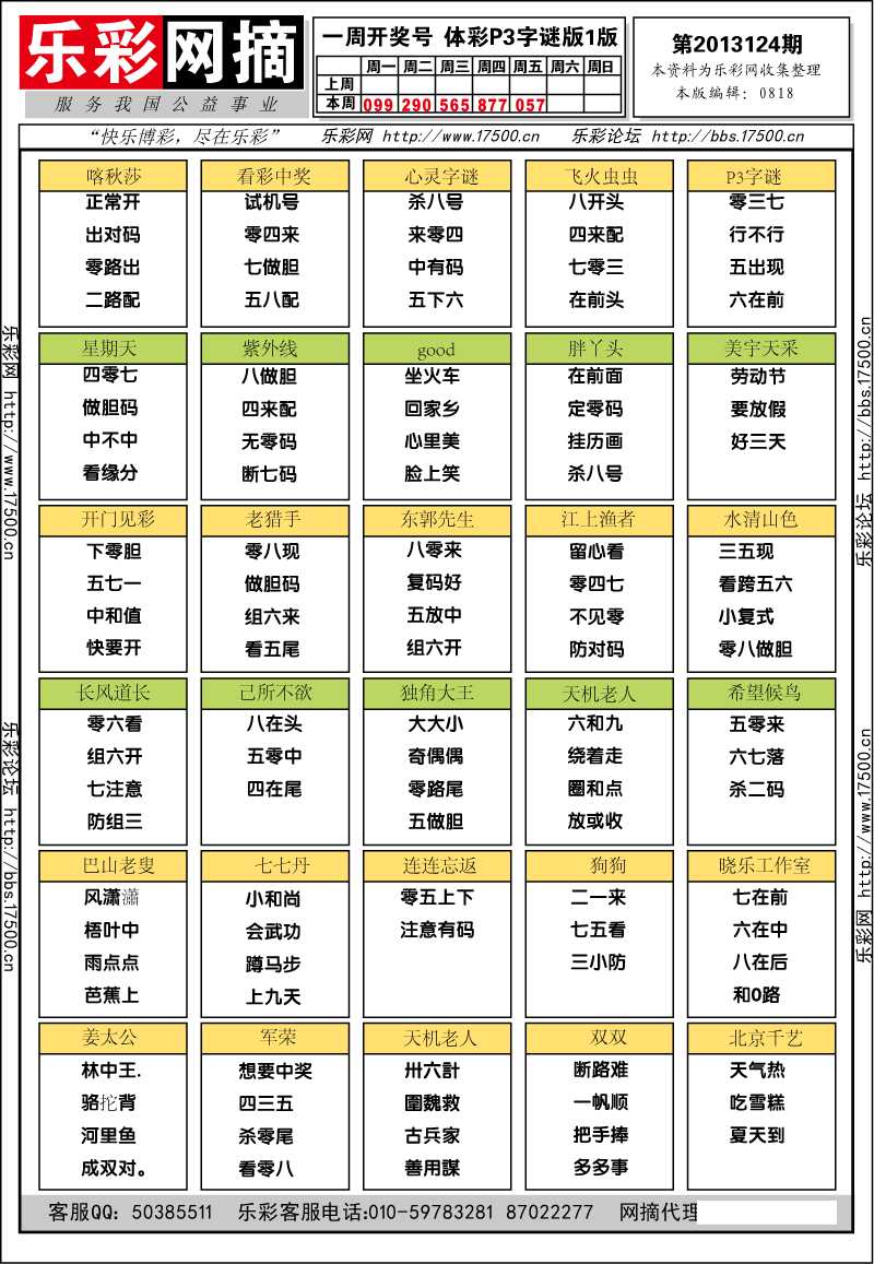 排列三第2013124期字谜总汇