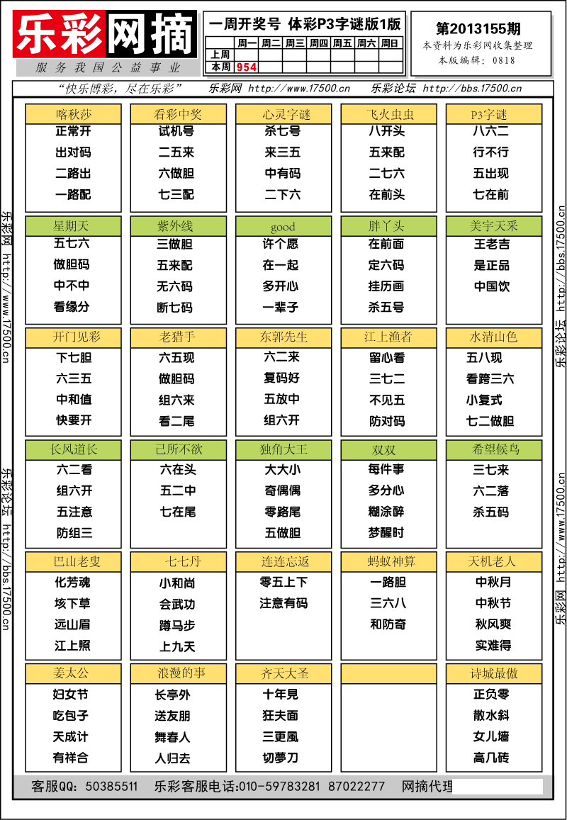 排列三第2013155期字谜总汇