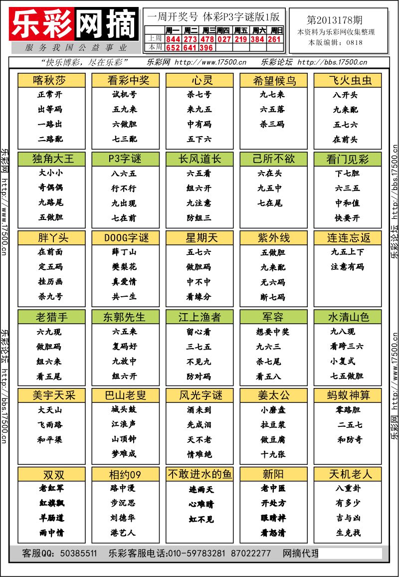 排列三第2013178期字谜总汇