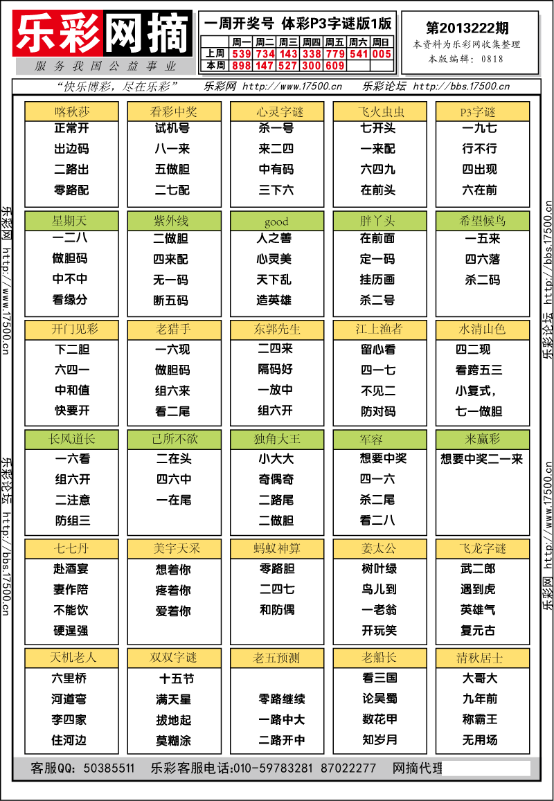 排列三第2013222期字谜总汇