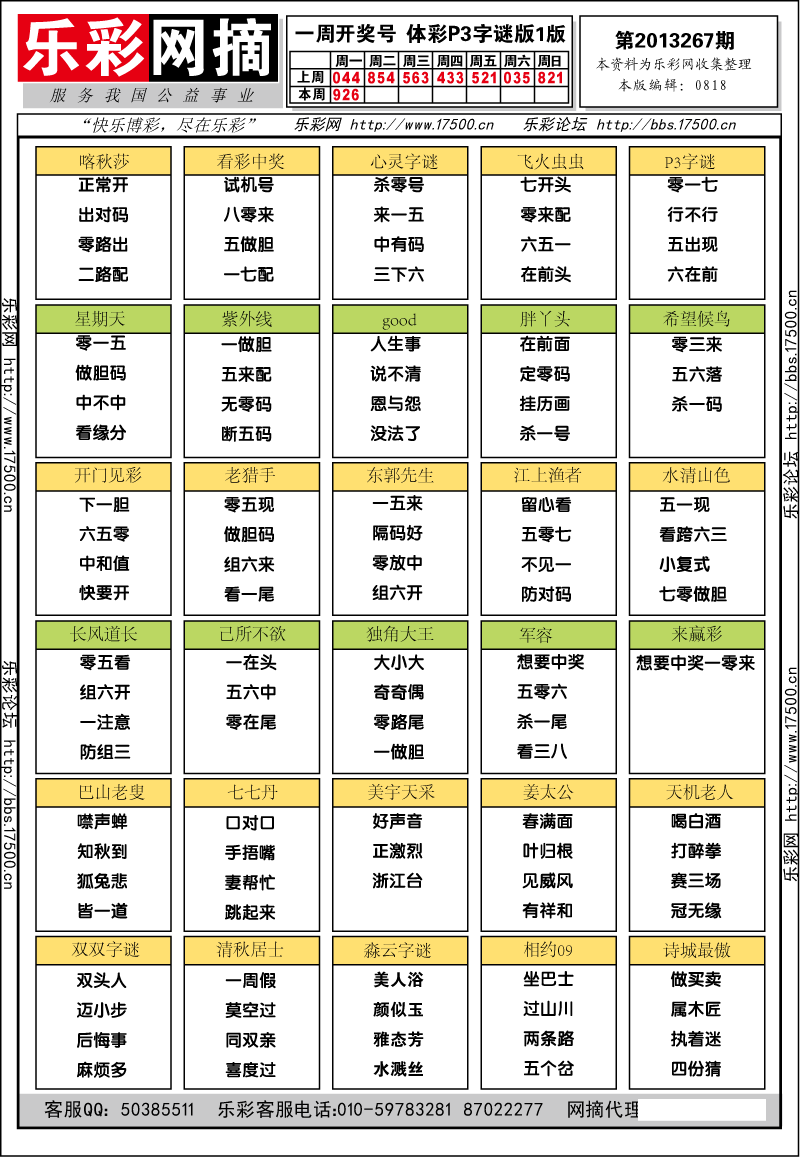 排列三第2013267期字谜总汇