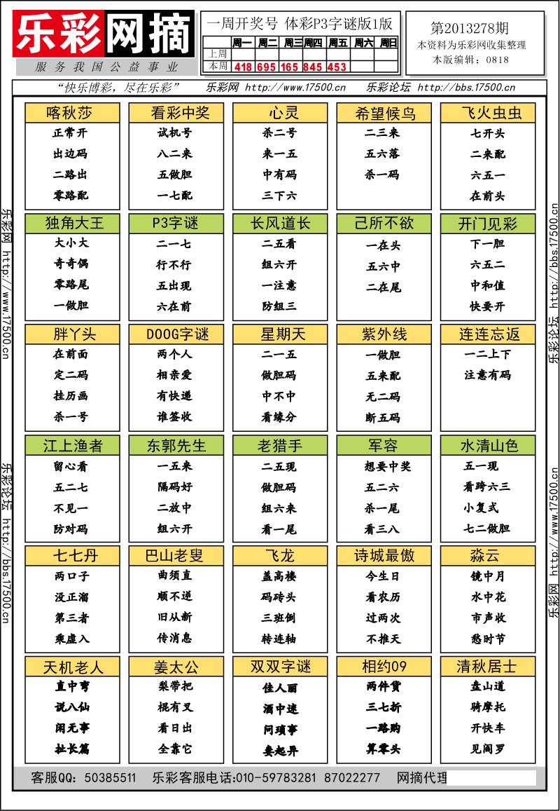 排列三第2013278期字谜总汇