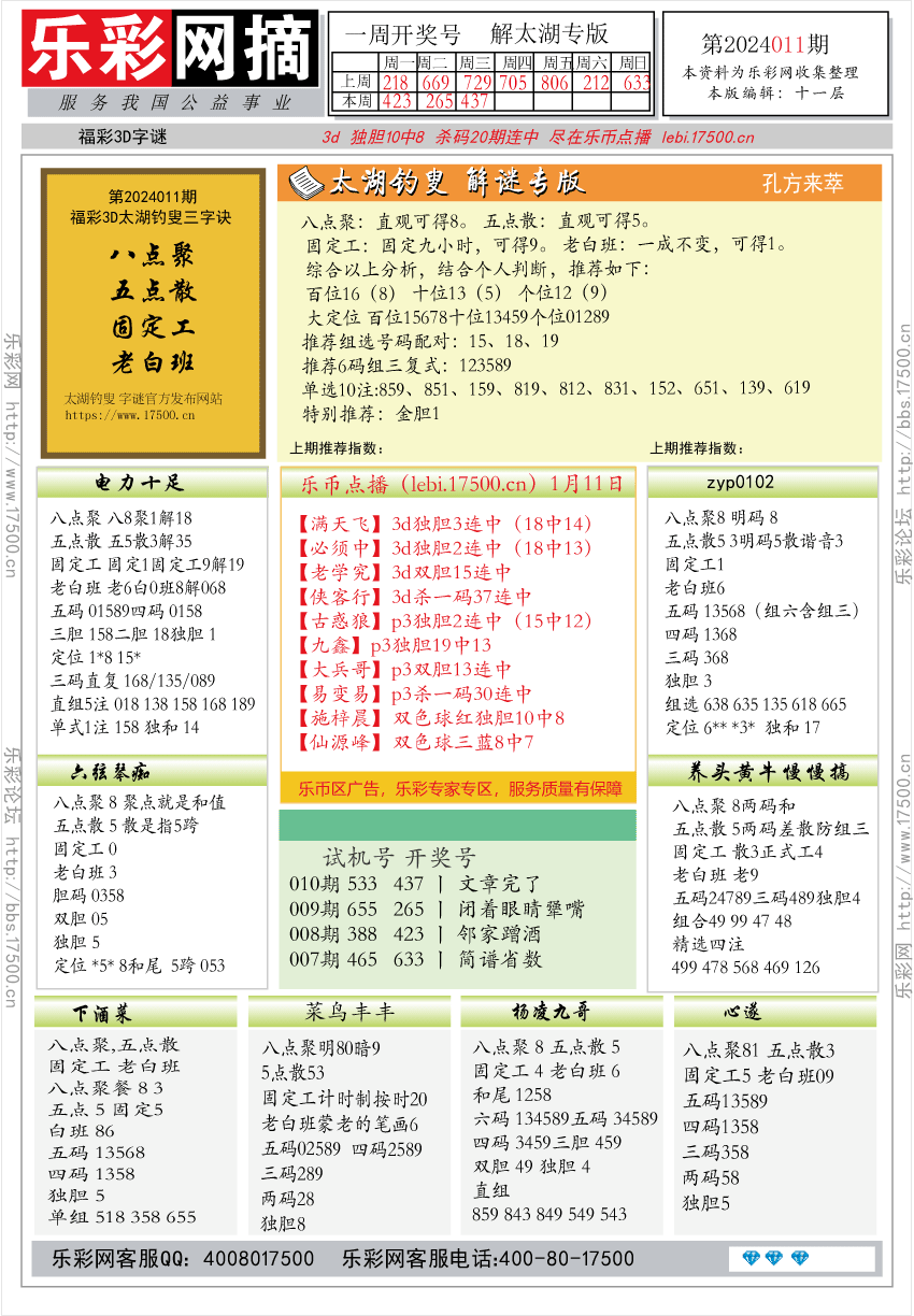 福彩3D第2024011期★字谜总汇★预测版★解太湖