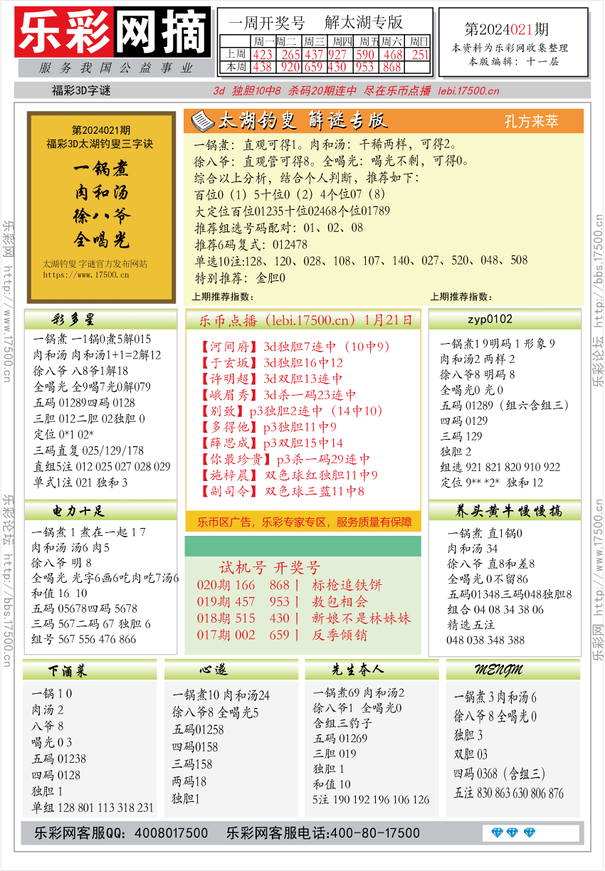 福彩3D第2024021期★字谜总汇★预测版★解太湖