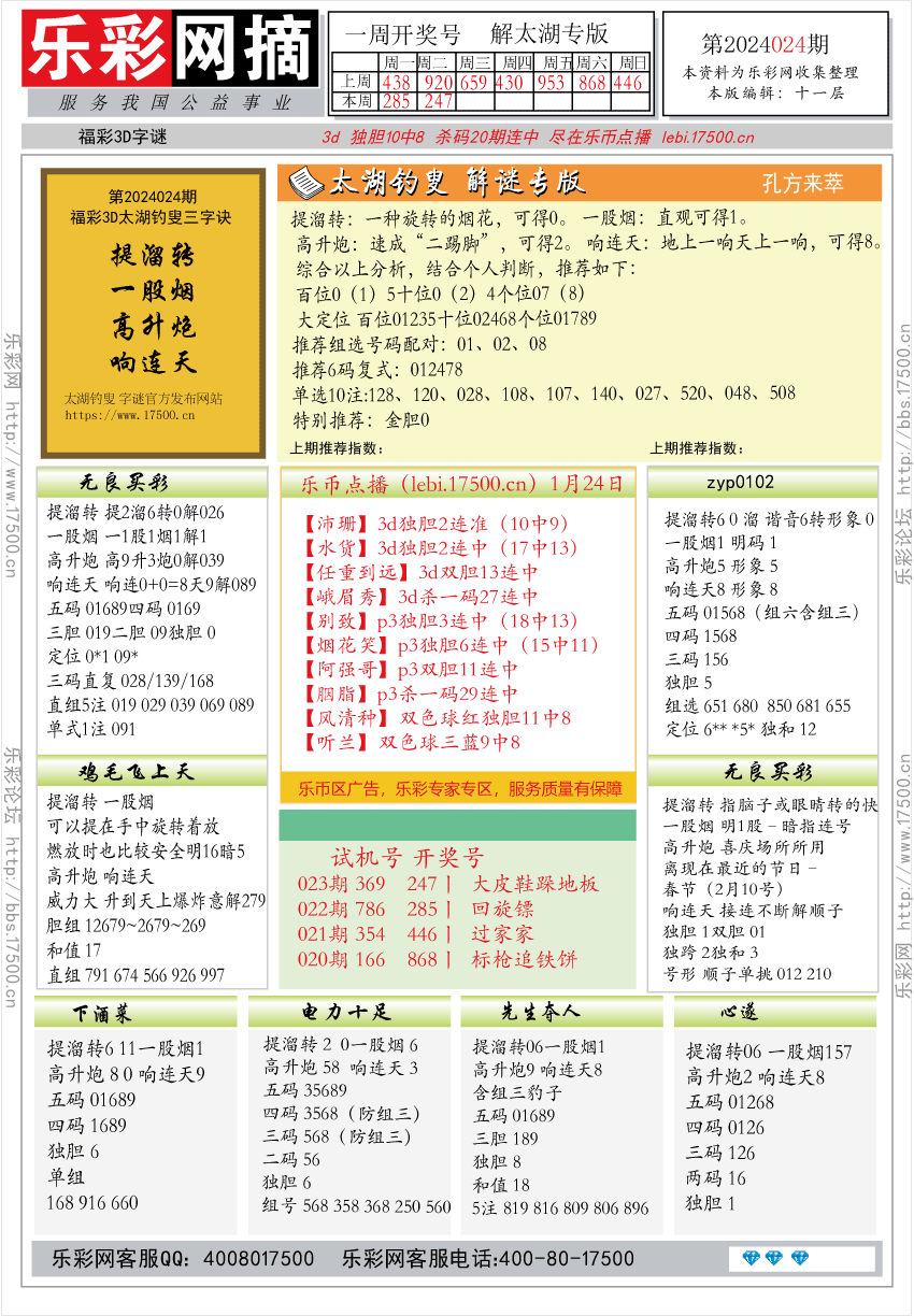 福彩3D第2024024期★字谜总汇★预测版★解太湖