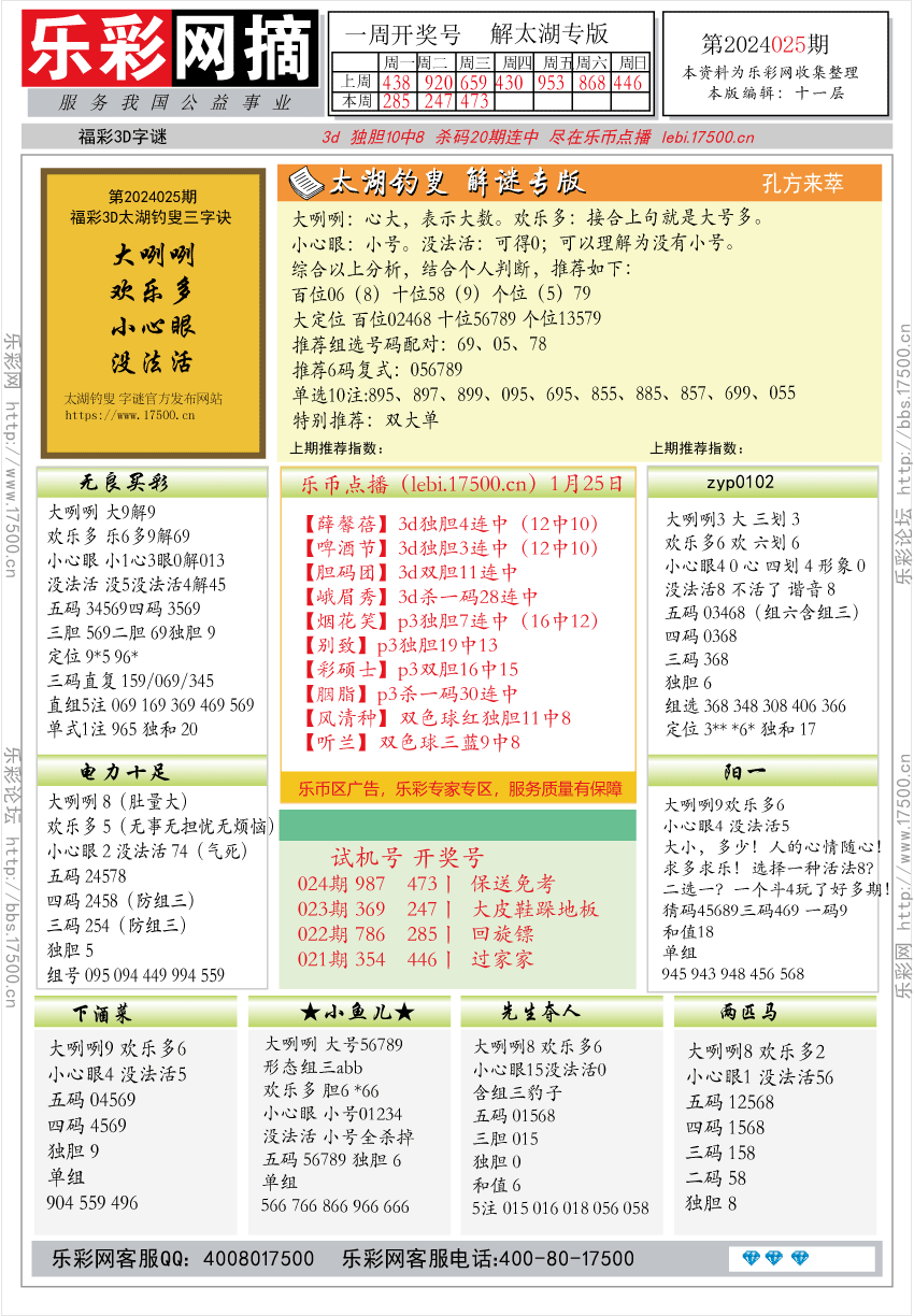 福彩3D第2024025期★字谜总汇★预测版★解太湖