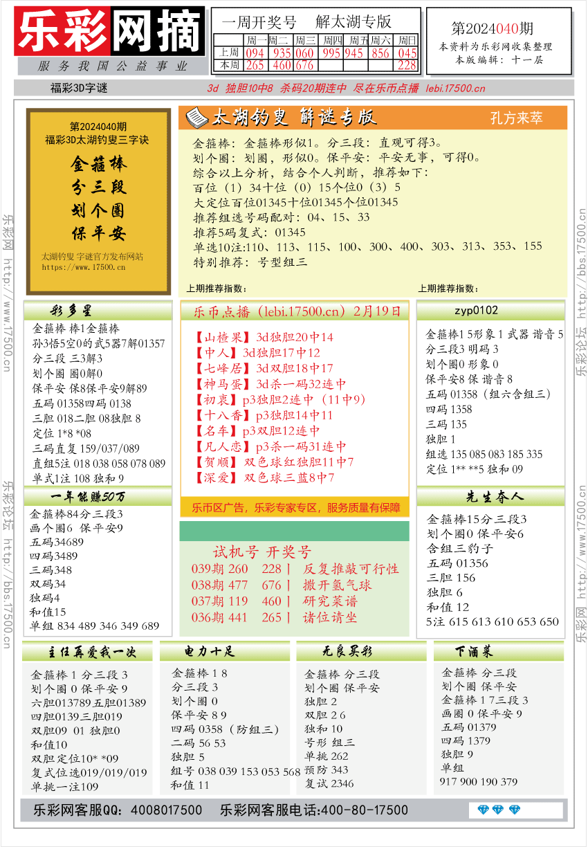 福彩3D第2024040期★字谜总汇★预测版★解太湖