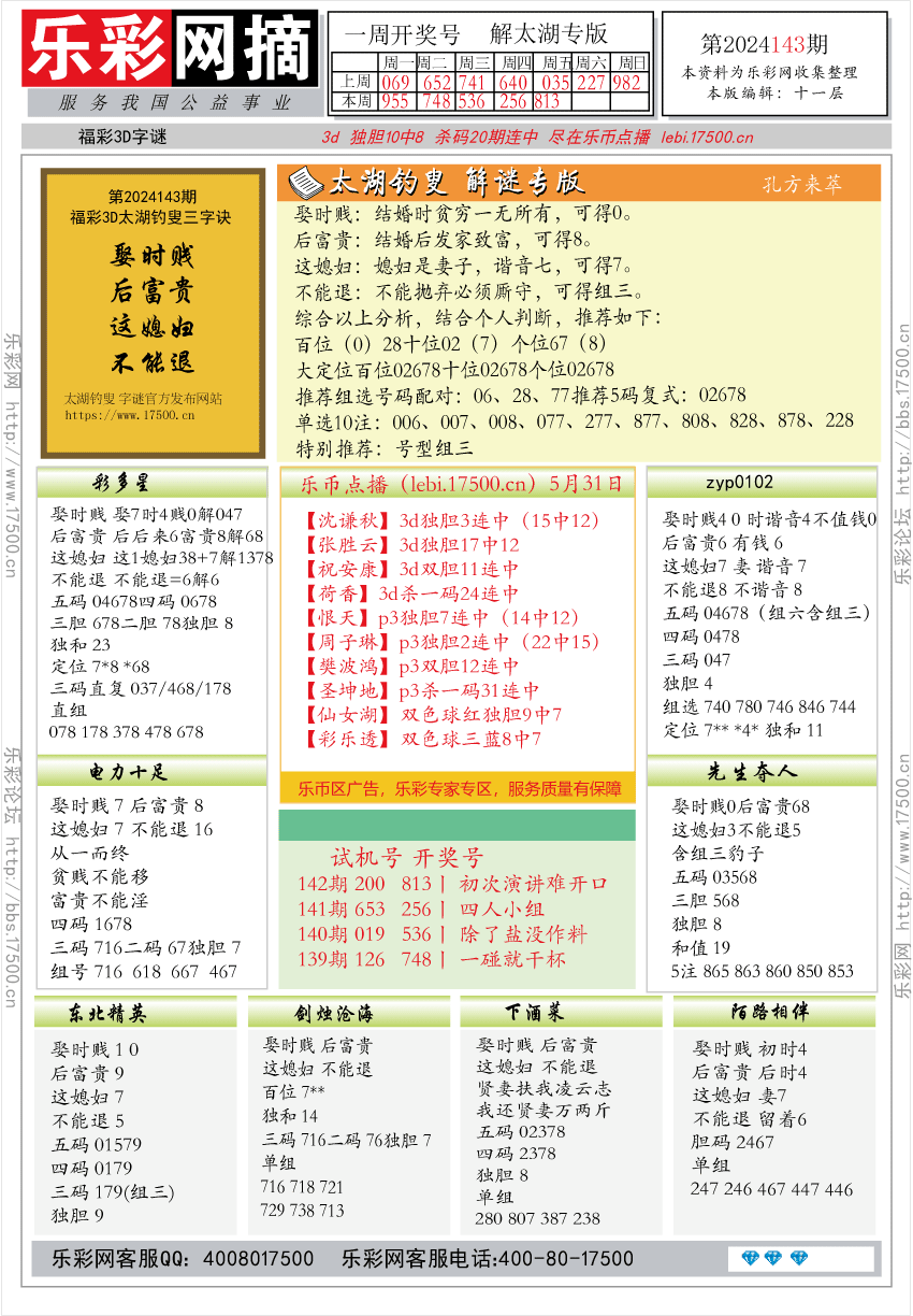 福彩3D第2024143期★字谜总汇★预测版★解太湖