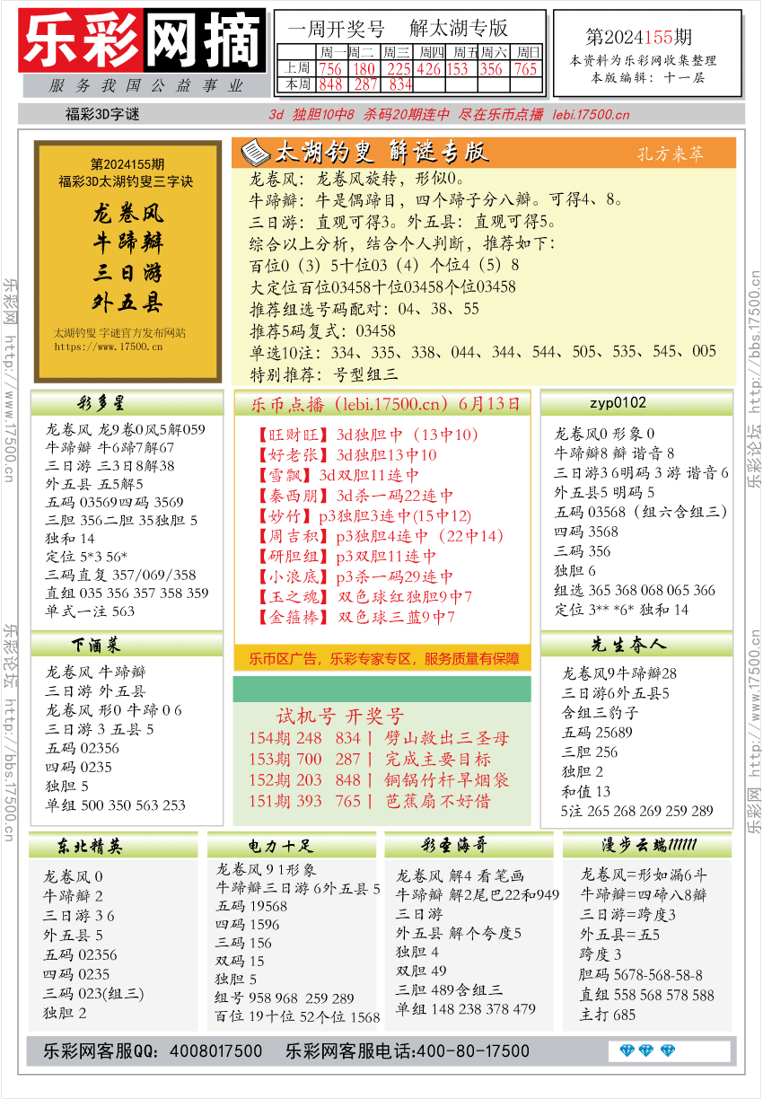 福彩3D第2024155期★字谜总汇★预测版★解太湖