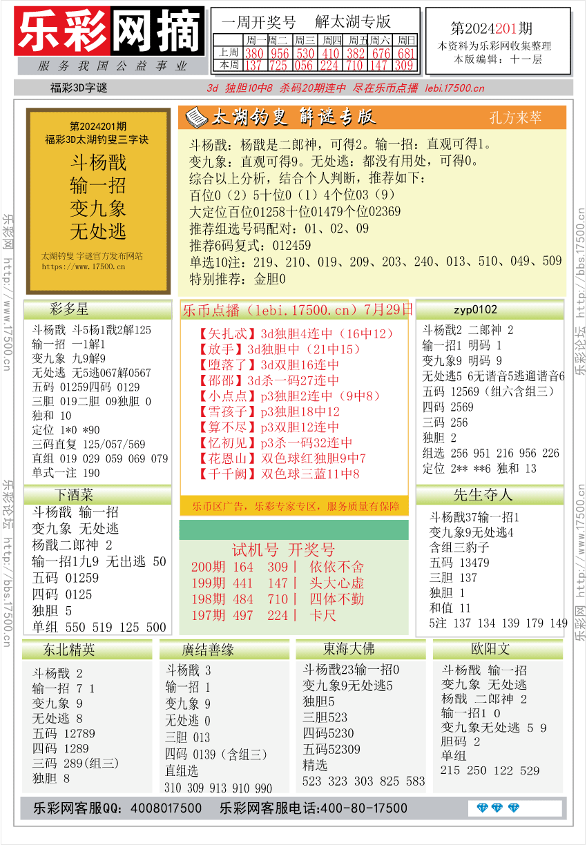 福彩3D第2024201期★字谜总汇★预测版★解太湖