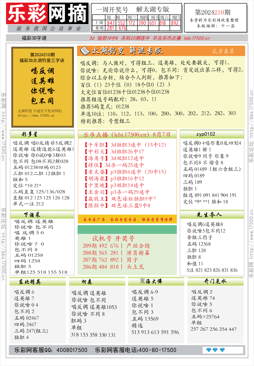 福彩3D第2024210期★字谜总汇★预测版★解太湖