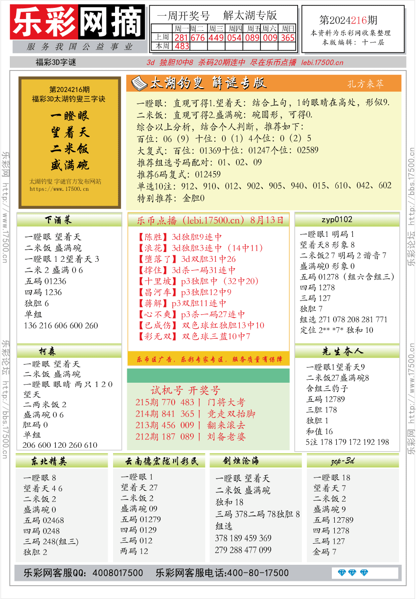 福彩3D第2024216期★字谜总汇★预测版★解太湖