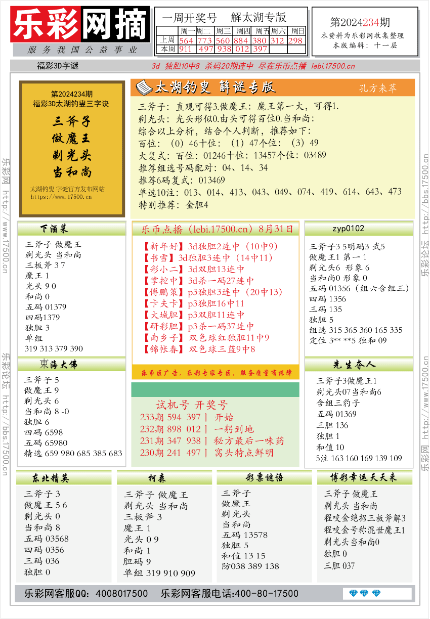 福彩3D第2024234期★字谜总汇★预测版★解太湖