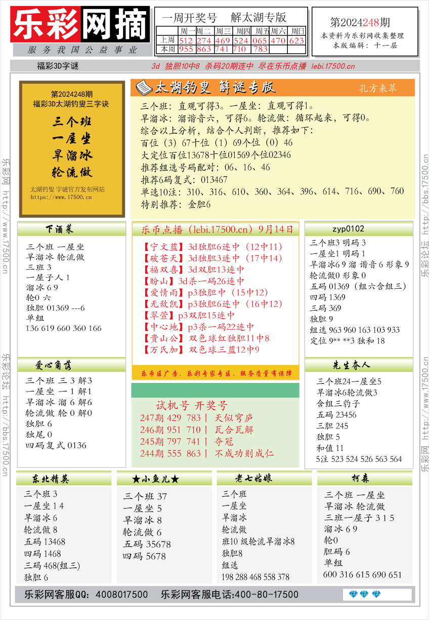 福彩3D第2024248期★字谜总汇★预测版★解太湖