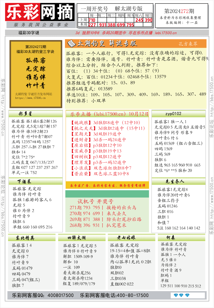 福彩3D第2024272期★字谜总汇★预测版★解太湖