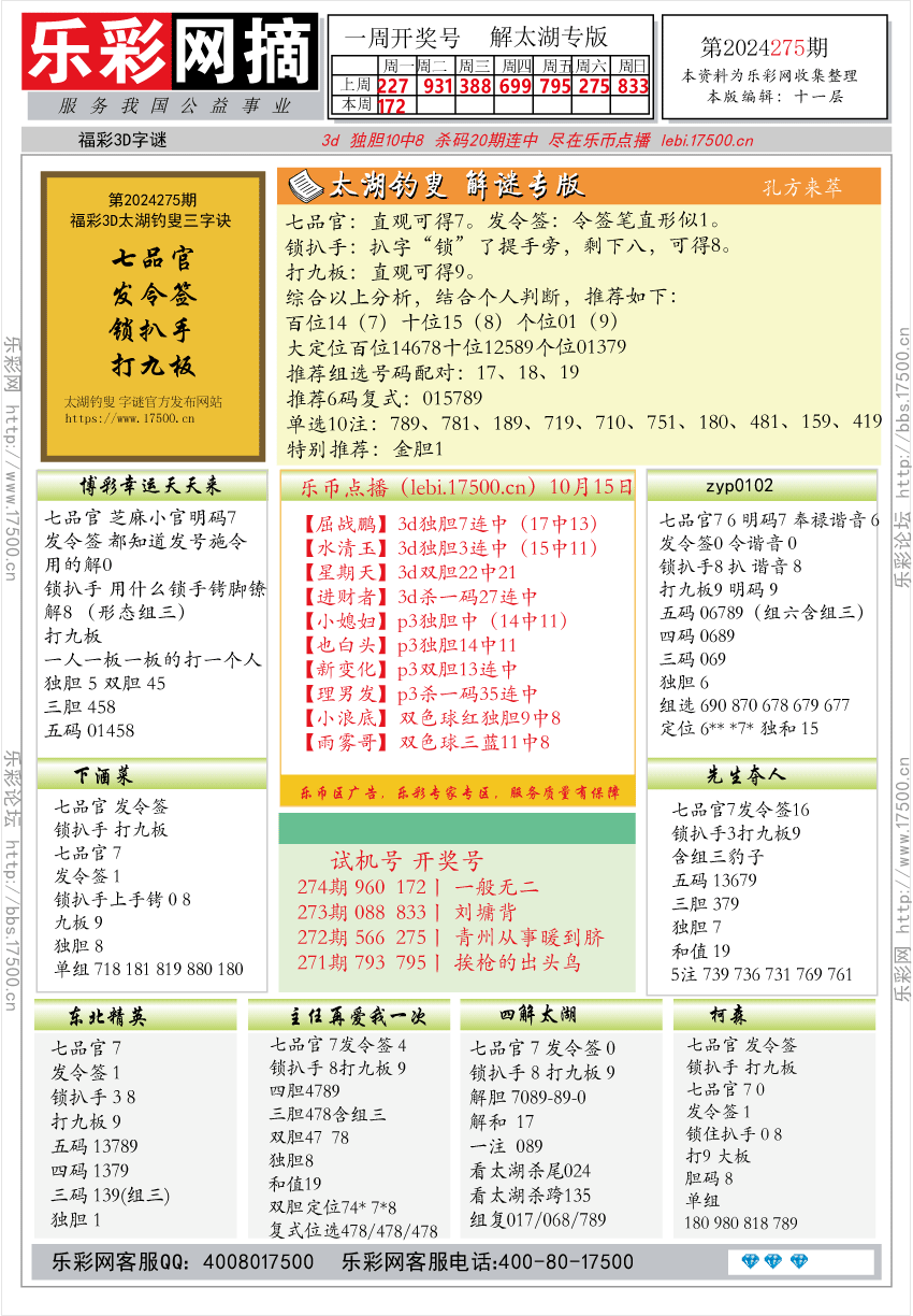 福彩3D第2024275期★字谜总汇★预测版★解太湖