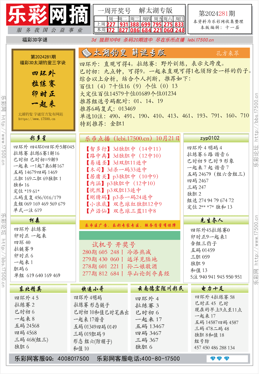 福彩3D第2024281期★字谜总汇★预测版★解太湖