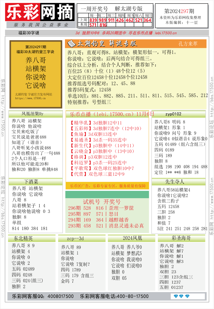 福彩3D第2024297期★字谜总汇★预测版★解太湖