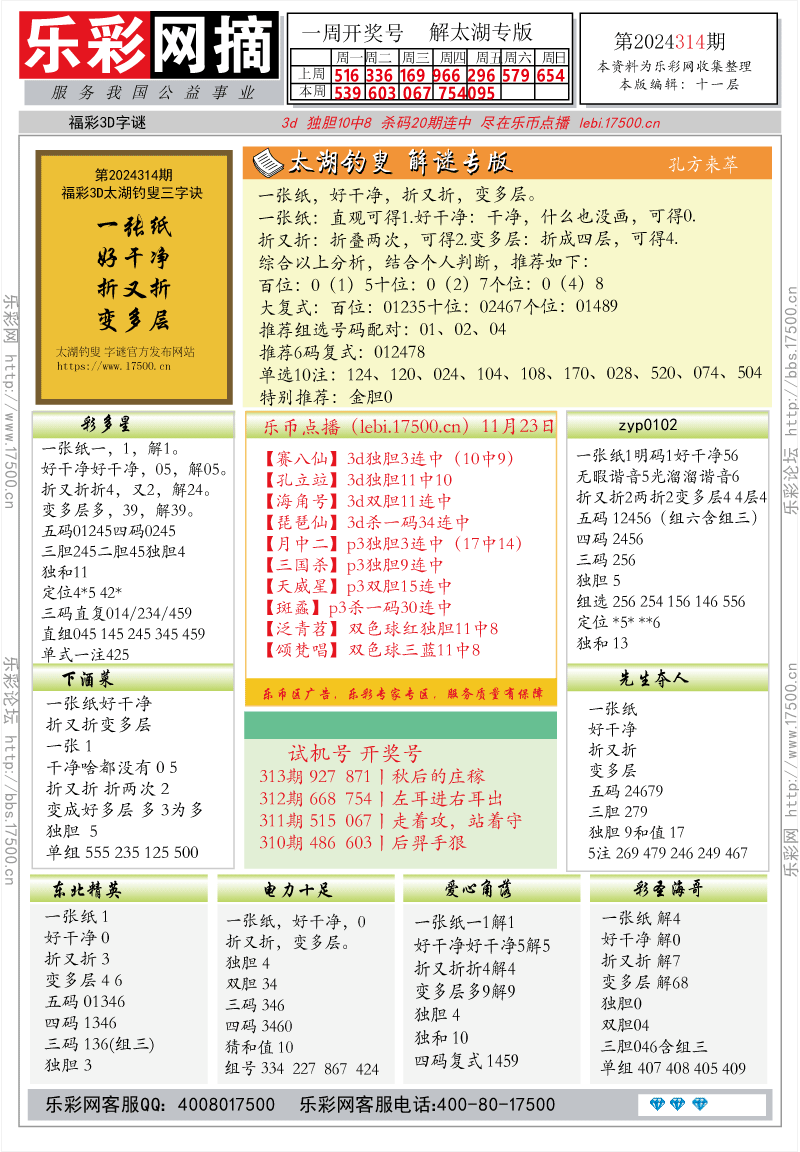 福彩3D第2024314期★字谜总汇★解太湖★预测 