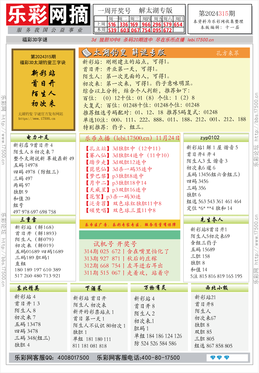 福彩3D第2024315期★字谜总汇★预测版★解太湖