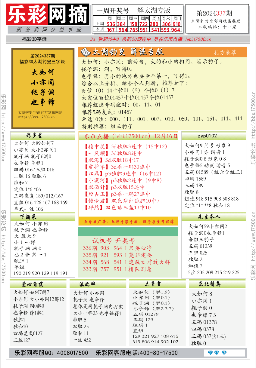 福彩3D第2024337期★字谜总汇★解太湖★预测