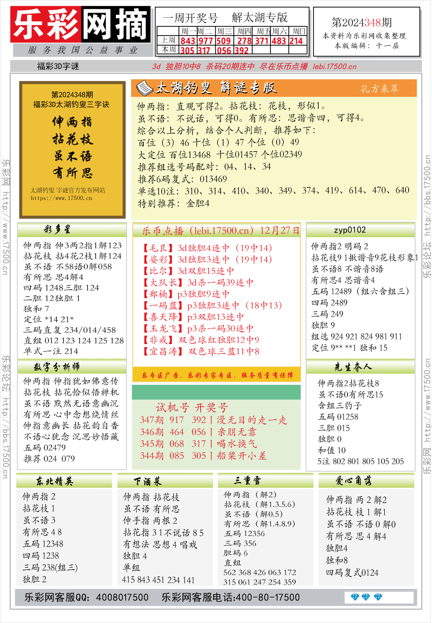 福彩3D第2024348期★字谜总汇★预测★解太湖