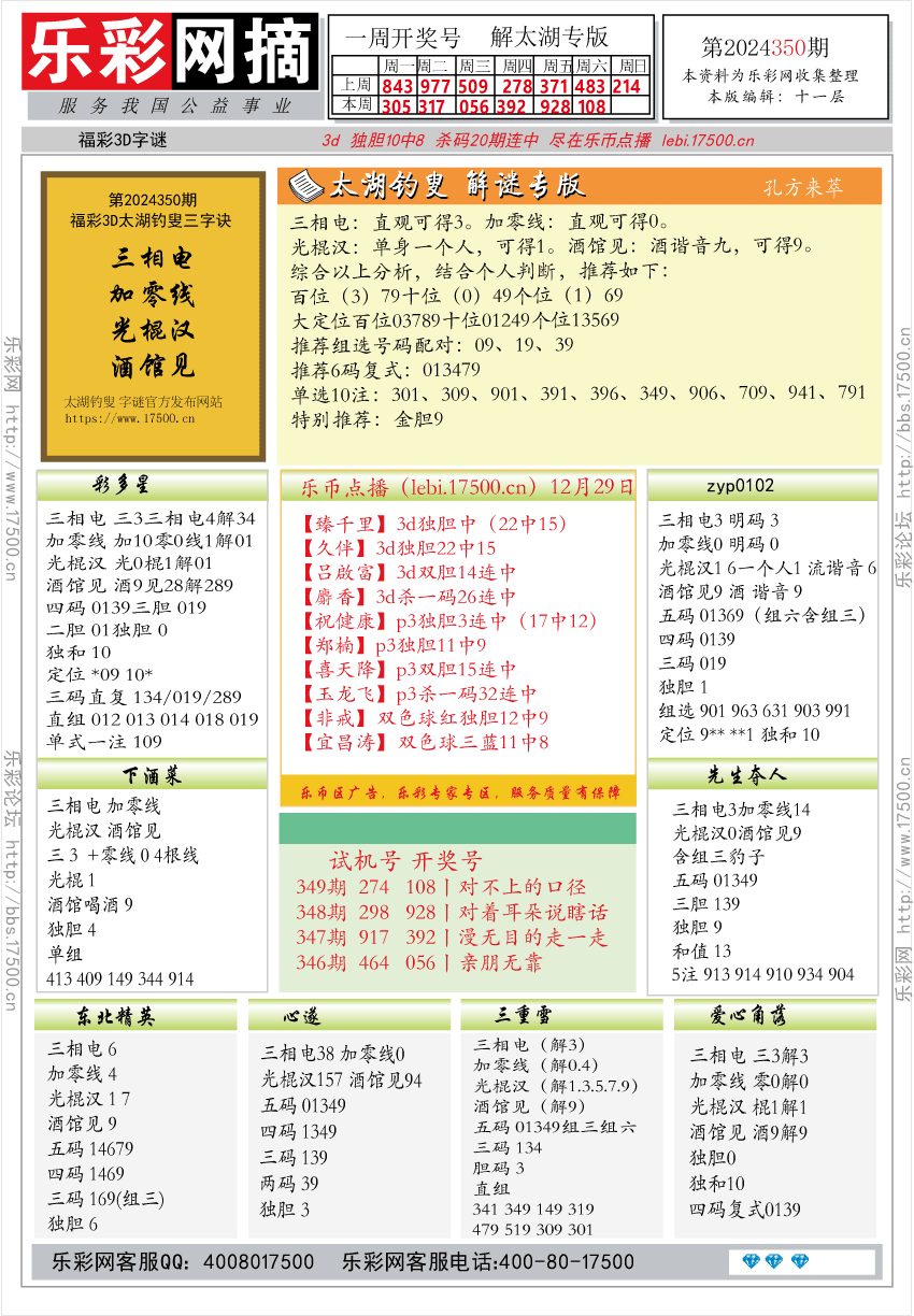 福彩3D第2024350期★字谜总汇★预测★解太湖