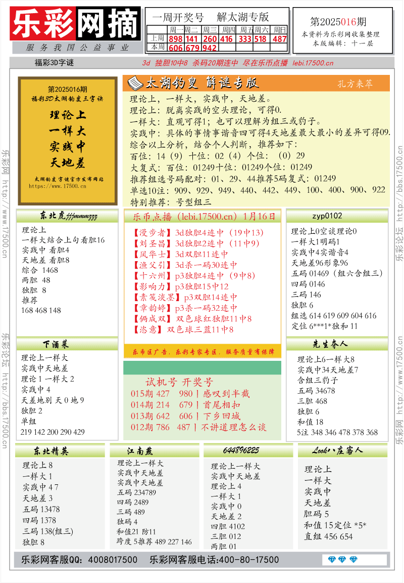 福彩3D第2025016期★字谜总汇★解太湖★预测