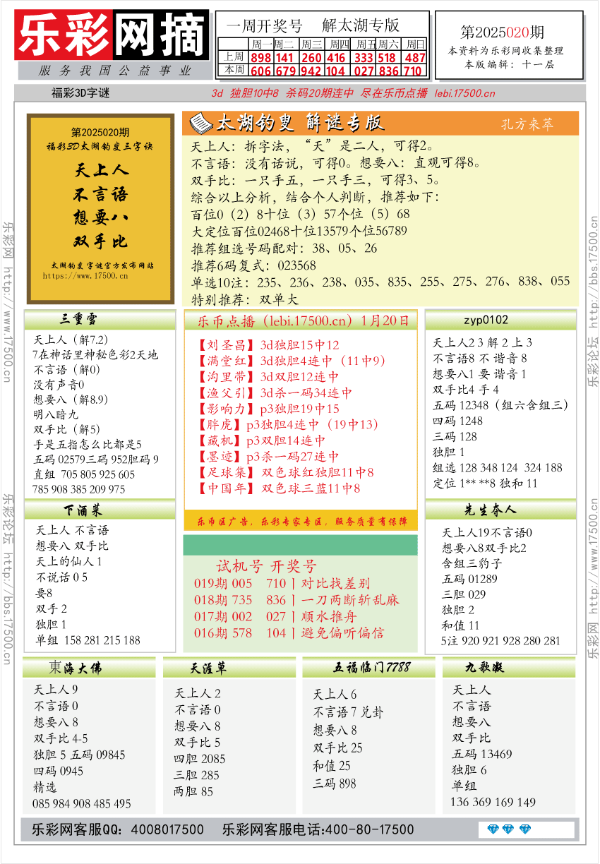 福彩3D第2025020期★字谜总汇★预测★解太湖