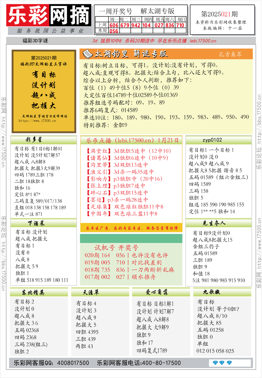 福彩3D第2025021期★字谜总汇★预测★解太湖