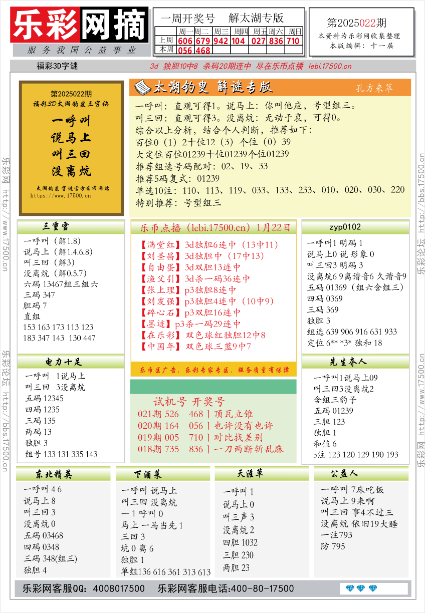 福彩3D第2025022期★字谜总汇★预测★解太湖