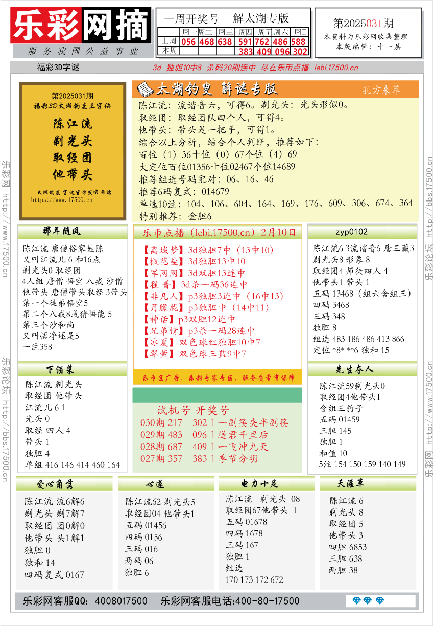 福彩3D第2025031期★字谜总汇★预测★解太湖