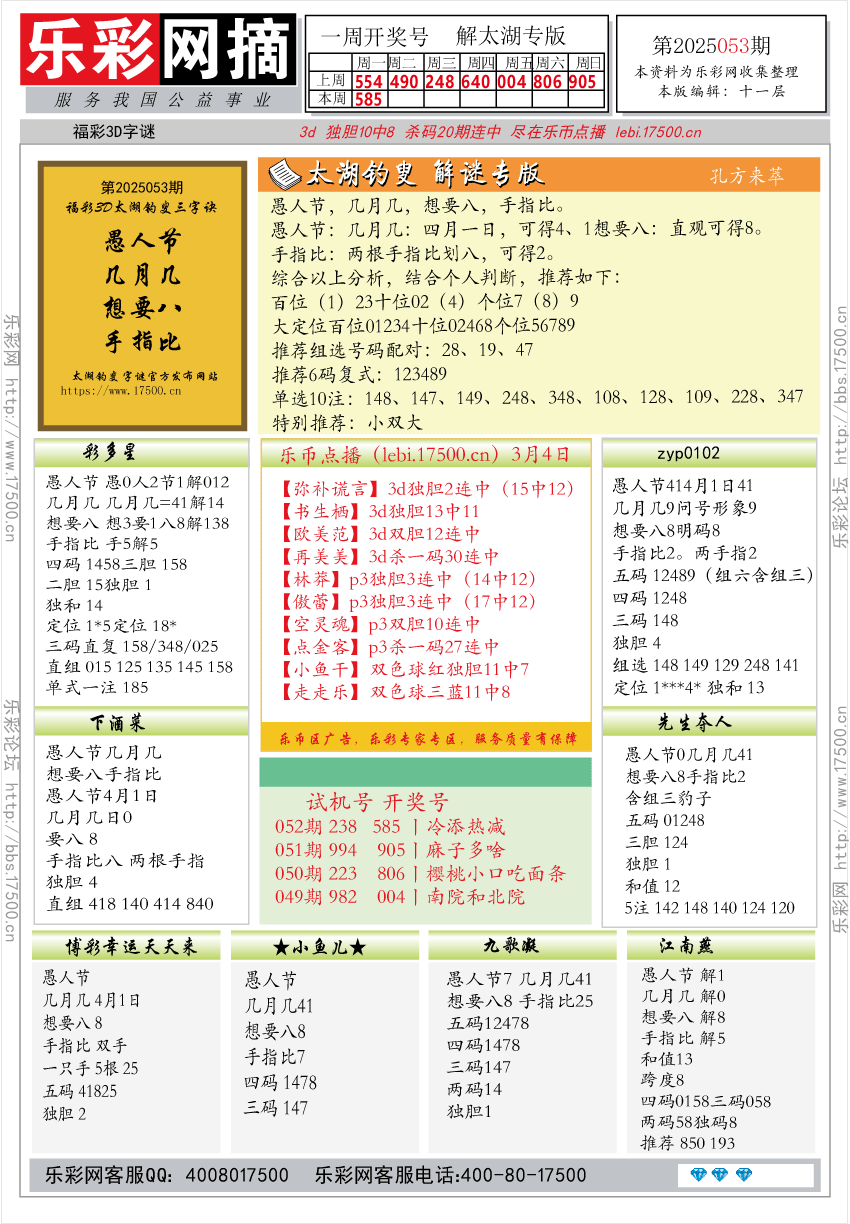 福彩3D第2025053期★字谜总汇★预测★解太湖