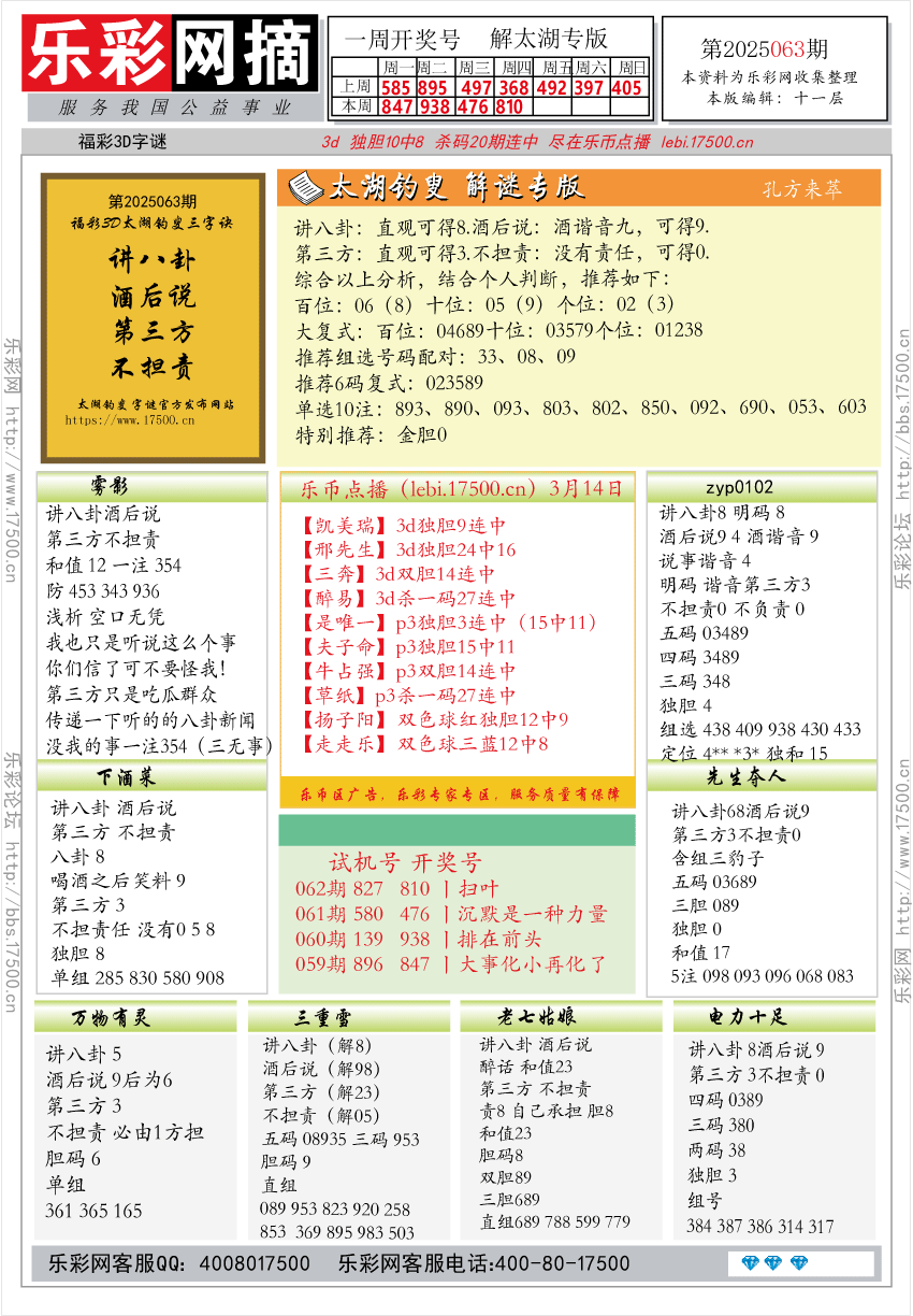 福彩3D第2025063期★字谜总汇★预测★解太湖