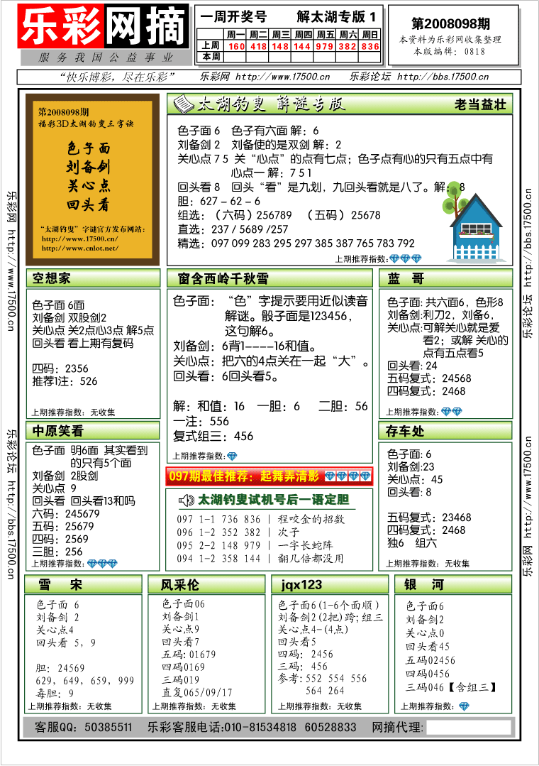 福彩3D第2008098期解太湖钓叟总汇