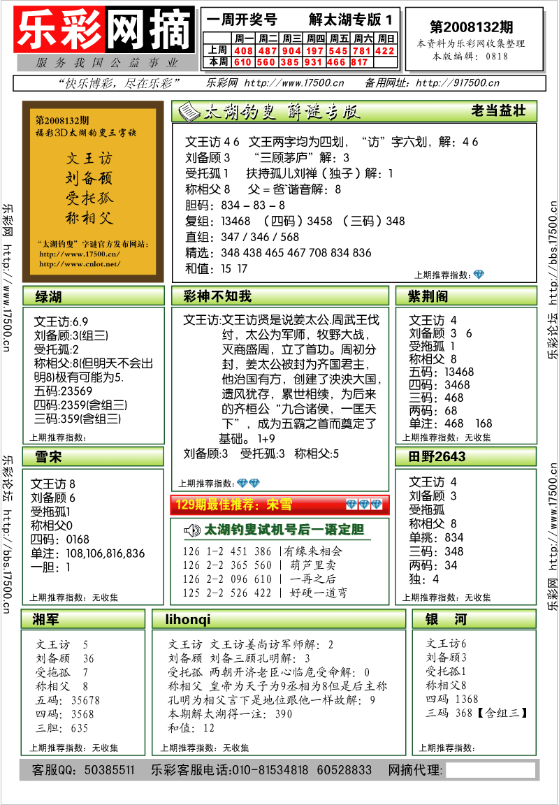 福彩3D第2008132期解太湖钓叟总汇